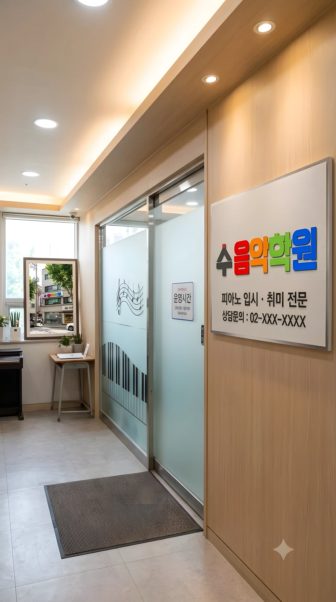 악보 무늬 유리문 옆 벽에 걸린 수음악학원 간판