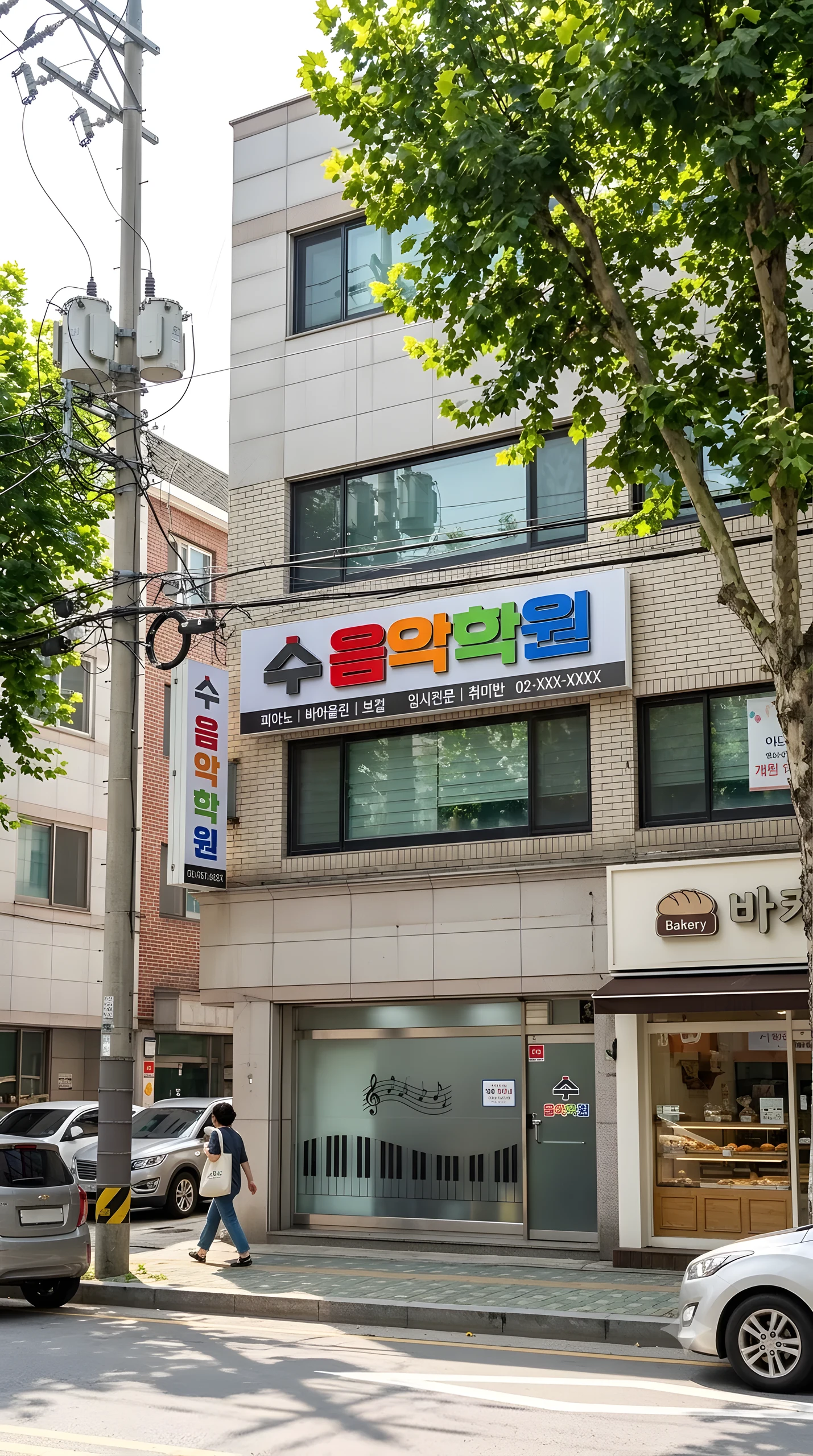 건물 2층 외벽의 수음악학원 간판과 1층 피아노 건반 무늬 출입문